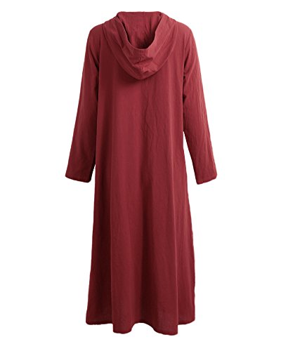 Romacci Primavera Otoño Mujer Vintage Vestido con Capucha de Manga Larga Casual Suelta Algodón Sólido Vestido de Borgoña Azul Oscuro Negro