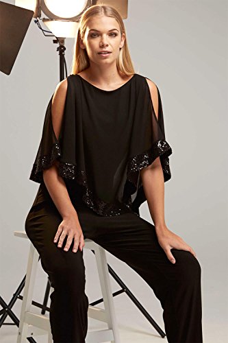 Roman Originals Mono de mujer con lentejuelas y cuello redondo, manga tres cuartos, para salir, fiestas, cócteles, clubwear Negro 48