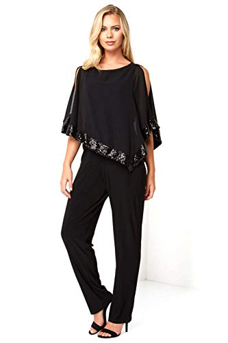 Roman Originals Mono de mujer con lentejuelas y cuello redondo, manga tres cuartos, para salir, fiestas, cócteles, clubwear Negro 48