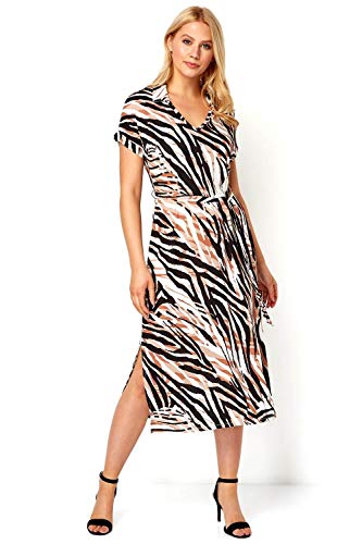 Roman Originals Vestido midi con cuello con estampado de animales, para mujer, informal, inteligente, ropa de trabajo, diario, oficina, entrevista, fin de semana, manga corta, cuello en V