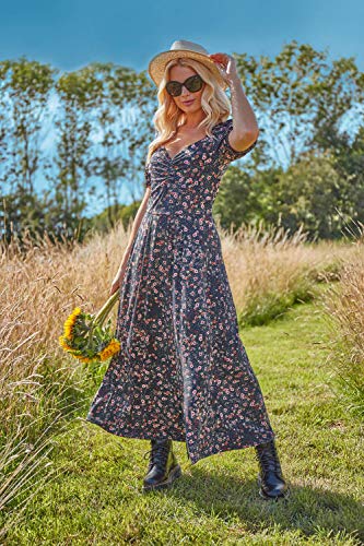 Roman Originals - Vestido midi con estampado floral y fruncido para mujer, informal, para día a día, primavera, verano, jardín, fiesta, barbacoa, fiesta, manga corta, largo y largo