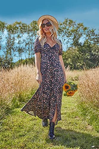 Roman Originals - Vestido midi con estampado floral y fruncido para mujer, informal, para día a día, primavera, verano, jardín, fiesta, barbacoa, fiesta, manga corta, largo y largo