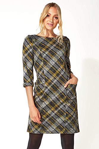 Roman Originals Vestido para mujer, a cuadros, estampado a cuadros, para invierno, trabajo, oficina, informal, fiesta, cómoda, túnica de manga 3/4, longitud a la rodilla, vestido de verano