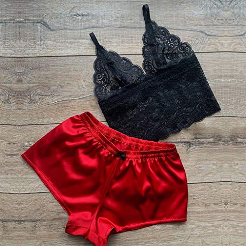 Ropa de Dormir de Mujer, Pijamas Lindos Pantalones Cortos Bata de baño Camisón Perspectiva de Encaje de lencería Hueca Traje Bata de Satén Lencería Tentación Camisones Albornoz Comodo Camisón vpass