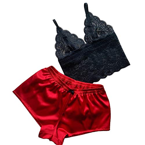 Ropa de Dormir de Mujer, Pijamas Lindos Pantalones Cortos Bata de baño Camisón Perspectiva de Encaje de lencería Hueca Traje Bata de Satén Lencería Tentación Camisones Albornoz Comodo Camisón vpass