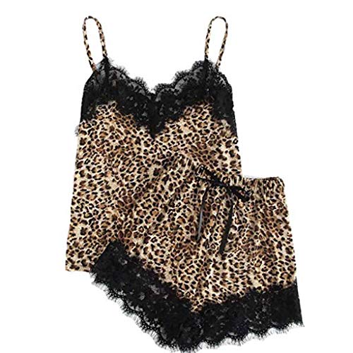 Ropa de Dormir para Mujeres,SHOBDW Día de San Valentín Regalo Moda Chicas Lindo Encaje Leopardo Imprimir Ropa Interior Pantalones Cortos Pijama Set Camisola Tops Ropa de Dormir 2PCS(Oro,M)