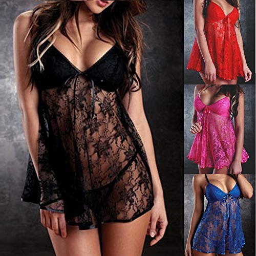 Ropa de Dormir para Mujeres,SHOBDW Regalo del día de San Valentín Sexy Ladies Lingerie Babydoll Tangas Camisola Talla Grande Vestido de Encaje Vestido Ropa de Dormir 2 PCS(Rosa,M)