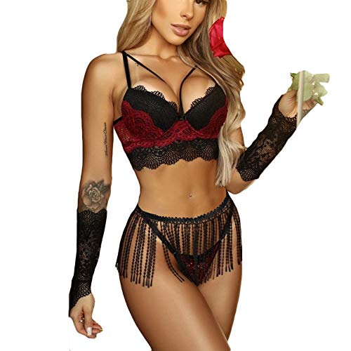 Ropa Interior De Malla para Mujer Ropa Interior De Encaje Ropa Interior con Borlas Conjunto De Ropa Interior Transparente Tanga Conjunto De Pijamas Familiares Ropa Interior Babydoll