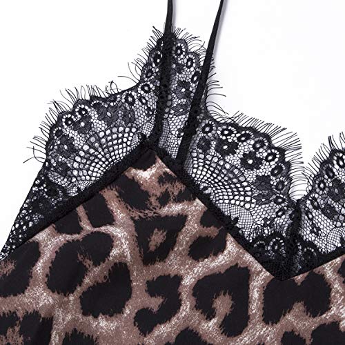 Ropa Mujeres Camiseta Tirantes Estampado Leopardo y Serpiente con Encaje Negro Transparente Camisola Pequeña Casual sin Mangas Top Mujeres Sexy (Marrón, M)
