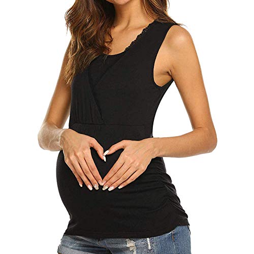 Ropa para Premamá Vestidos para Premamá Vestidos Mujeres Lactantes Color Sólido Sin Mangas Camiseta Encaje Cruzado Blusa Embarazada Verano Mujeres Algodón Ropa Suave-Black_XXL