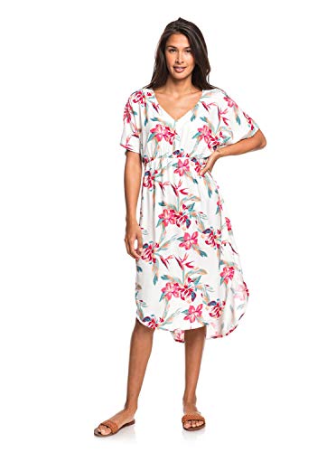 Roxy Flamingo Shades Vestido Midi De Manga Corta, Mujer, Rojo (Snow White Tropic Call), S