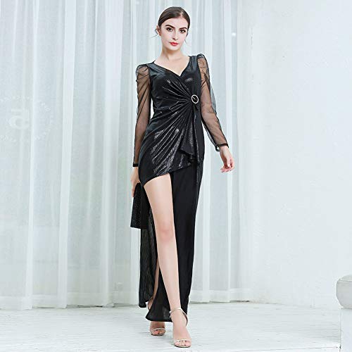 ROYAL SMEELA Vestido Largo Mujeres Gatsby Noche de Baile Vestido Cuello en V Perspectiva Malla Manga Larga Maxi Vestidos Noble Arte Deco Bodycon Negocio Formal Vestido de Coctail