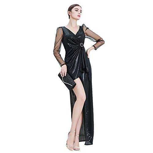 ROYAL SMEELA Vestido Largo Mujeres Gatsby Noche de Baile Vestido Cuello en V Perspectiva Malla Manga Larga Maxi Vestidos Noble Arte Deco Bodycon Negocio Formal Vestido de Coctail