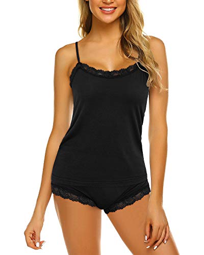 S-ZONE Conjuntos de Pijamas para Mujer Camisola de Encaje y Pantalones Cortos Conjunto de Lencería Básica Simple y Sexy Ropa de Dormir Delgada y Bragas