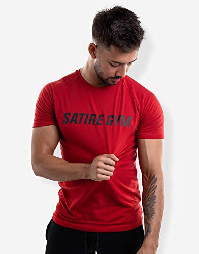 Satire Gym - Camiseta de Fitness de algodón para Hombre, Ajustada y de Secado rápido, Ropa Deportiva para Hombre – Camiseta Deportiva para Hombre como Camiseta de Fitness (Rojo, M)