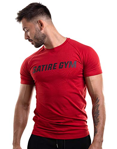 Satire Gym - Camiseta de Fitness de algodón para Hombre, Ajustada y de Secado rápido, Ropa Deportiva para Hombre – Camiseta Deportiva para Hombre como Camiseta de Fitness (Rojo, M)
