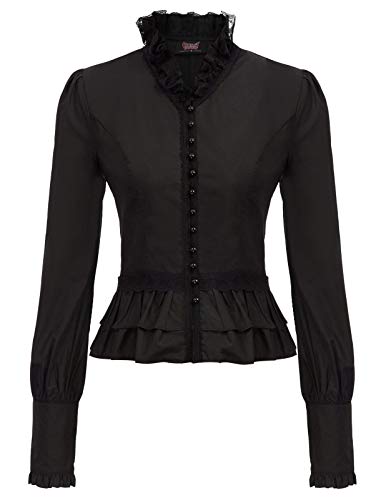 SCARLET DARKNESS Camisa Medieval de Fiesta Blusa Victoriana de Volantes con Cuello Subido de Volantes para Mujer XL Negro