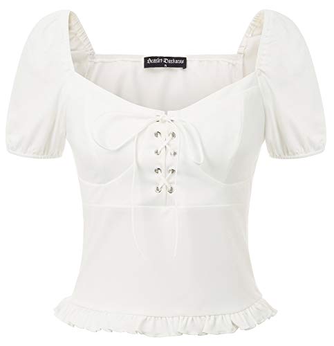 SCARLET DARKNESS Camisa Medieval de Mangas Cortas con Escote Cuadrado para Mujer S Blanco