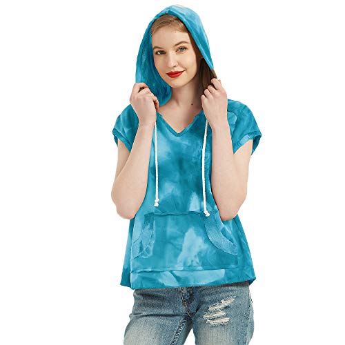 S.Charma - Camiseta de manga corta para mujer con capucha para verano Tie-Dye Azul Tie-dye 42-44