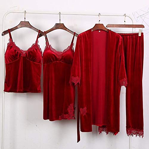 SDCVRE Bathrobe,Sexy 4PCS Pajams Suit   Conjunto de Pijamas Casuales Sueltos Ropa de Dormir Suave de Encaje Ropa de hogar Femenina Ropa de Dormir Larga de Terciopelo de otoño, Rojo, L