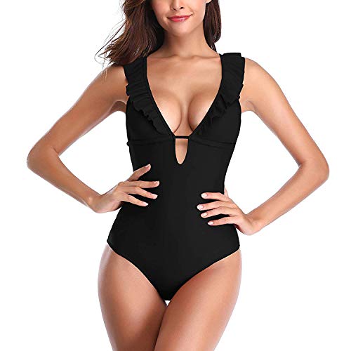SEDEX Bañadores de Mujer Sexy Cuello en V Profundo Natacion Trajes de Baño de Una Pieza Monokinis Natacióncon Relleno Elegante Push up Halter con Espalda Vendaje para Mujer
