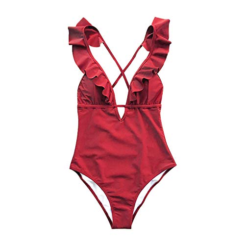 SEDEX Bañadores de Mujer Sexy Cuello en V Profundo Natacion Trajes de Baño de Una Pieza Monokinis Natacióncon Relleno Elegante Push up Halter con Espalda Vendaje para Mujer (Rojo, L)