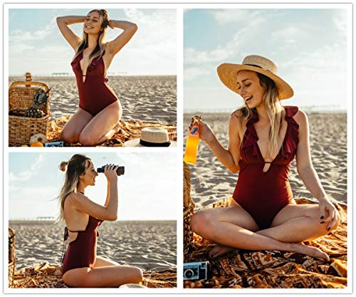 SEDEX Bañadores de Mujer Sexy Cuello en V Profundo Natacion Trajes de Baño de Una Pieza Monokinis Natacióncon Relleno Elegante Push up Halter con Espalda Vendaje para Mujer (Rojo, L)