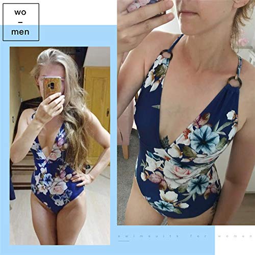 SEDEX Bañadores Mujer Trajes de Baño Una Pieza Retro Flor Push Up Escote en V Profundo Cuello Halter Elegante Monokini Bañador Natacion Reductor Tankini Ropa de Baño con Relleno, XXL