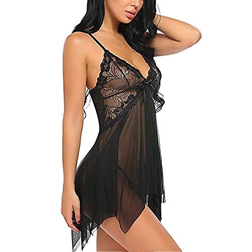 SEDEX Lencería Mujer Erótica Ropa Interior Camisón Babydoll Halter Cordón Transparente Lencería de Encaje Tentación (Negro, XXL)