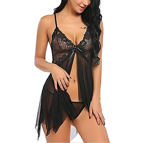 SEDEX Lencería Mujer Erótica Ropa Interior Camisón Babydoll Halter Cordón Transparente Lencería de Encaje Tentación (Negro, XXL)