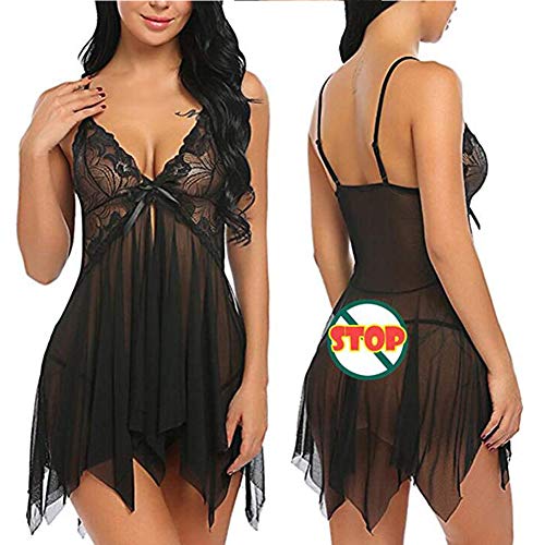 SEDEX Lencería Mujer Erótica Ropa Interior Camisón Babydoll Halter Cordón Transparente Lencería de Encaje Tentación (Negro, XXL)