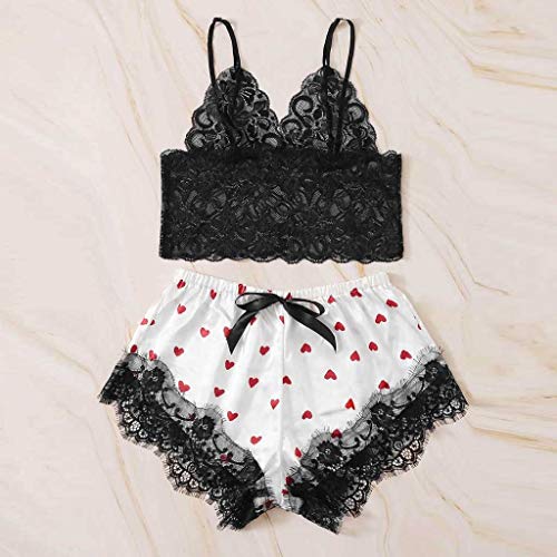 Selomore Pantalones Cortos de Camisola con Estampado de Seda de Encaje Satinado para Mujer Conjunto de Lazo Ropa de Dormir Pijamas LenceríA Conjunto de Pijama con Estampado de SatéN Y Encaje