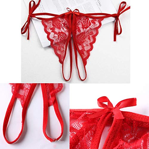Set Bralette y Braguita Erótica para Mujer, 2 Piezas Ajustable Conjunto Sexy Sensual de Sujetador y Tanga Hilo con Entrepierna Abierta Encaje Floral - Talla única -Rojo