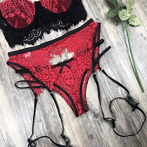 Sexoo Conjunto de Lencería para Mujer con Liguero Sexy Ropa Interior Camisón Babydoll Cuello V de Encaje Ropa de Dormir 3 Piezas