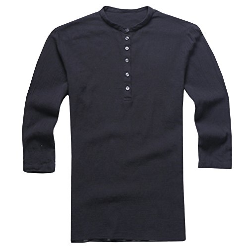 ShallGood Camisa Hombre Lino Blusa Casual Transpirable Top Manga Larga Suelta Botón Camisas Sin Cuello De Color Sólido Trabajo Shirt B Negro Small