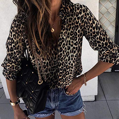 ShallGood Mujer Camisa Leopardo Impresión Casual Solapa Manga Larga Cuello V Talla Grande Moda Blusa T Shirt Tunic Camisetas y Tops tee con Botones Albaricoque ES 48