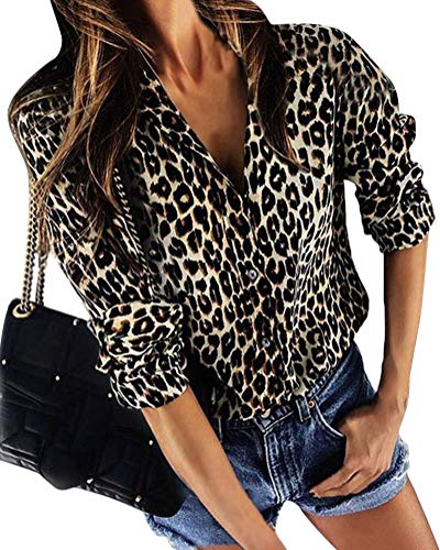 ShallGood Mujer Camisa Leopardo Impresión Casual Solapa Manga Larga Cuello V Talla Grande Moda Blusa T Shirt Tunic Camisetas y Tops tee con Botones Albaricoque ES 48
