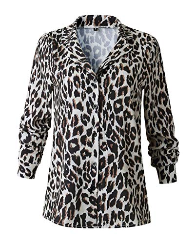 ShallGood Mujer Camisa Leopardo Impresión Casual Solapa Manga Larga Cuello V Talla Grande Moda Blusa T Shirt Tunic Camisetas y Tops tee con Botones Albaricoque ES 48
