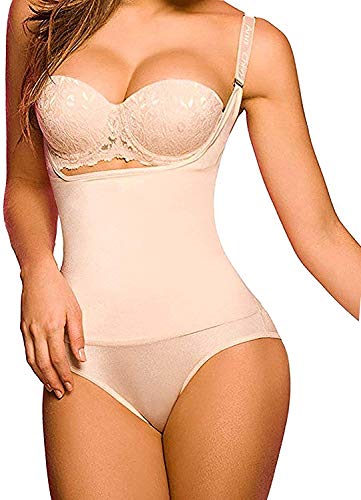 SHAPERX Damen Shapewear Fajas Tummy Bodysuit Figurformender Body Shaper Abnehmen Slimmer, UK-DT7095-Beige-New-S