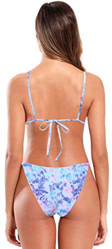 SHEKINI Bañador de Dos Piezas Mujer Cordón Ajustables Ties-up Bikini Top Sin Espalda Traje de Baño de Dos Piezas Elegante Único Triángulo Cintura Baja Bikini Bottom (M,Tie-Dye)