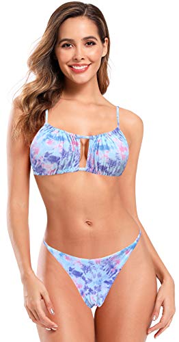 SHEKINI Bañador de Dos Piezas Mujer Cordón Ajustables Ties-up Bikini Top Sin Espalda Traje de Baño de Dos Piezas Elegante Único Triángulo Cintura Baja Bikini Bottom (M,Tie-Dye)