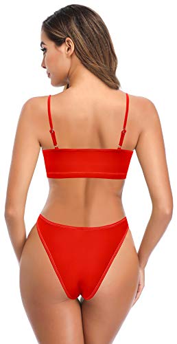 SHEKINI Bañador De Dos Piezas Mujer Sin Espalda Aros Ajustable Bikini Top único Traje De Baño De Dos Piezas Cintura Baja Partes Inferior del Bikini (Rojo-D, S)