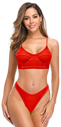 SHEKINI Bañador De Dos Piezas Mujer Sin Espalda Aros Ajustable Bikini Top único Traje De Baño De Dos Piezas Cintura Baja Partes Inferior del Bikini (Rojo-D, S)