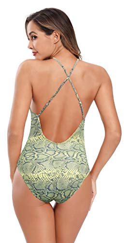 SHEKINI Bañador de una Pieza para Mujer Traje de Baño de una Pieza Sin Relleno Copa y Sin Cuello en U Sexy Acolchado (M,Piel de Serpiente)