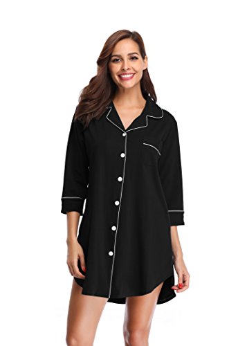 SHEKINI Camisón de Algodón de Manga 3/4 DE Cuello Camisero con Cierre Mediante Botones con Bolsillo Delantero Pijama Corto de Una Pieza Ropa de Dormir Camisones de Noche para Mujer (L, Negro)