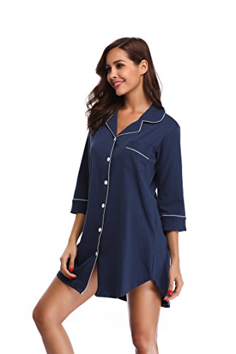 SHEKINI Camisón de Algodón de Manga 3/4 DE Cuello Camisero con Cierre Mediante Botones con Bolsillo Delantero Pijama Corto de Una Pieza Ropa de Dormir Camisones de Noche para Mujer (XL, Azul Marino)