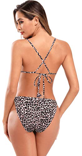 SHEKINI Conjunto de Bikini de Triángulo Sexy para Mujer Traje de Baño con Cuello en V Profundo Traje de Baño con Estampado de Leopardo Traje de Baño de Dos Piezas(S,Leopardo)