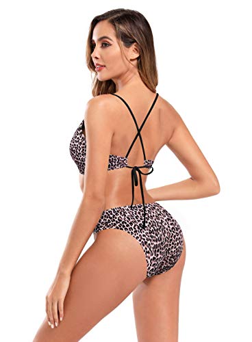 SHEKINI Conjunto De Bikini Dividido Sexy para Mujer Traje de Baño Acolchado con Correa Cruzada Recorte Dos Piezas Traje de Baño Traje de Baño con Estampado de Leopardo