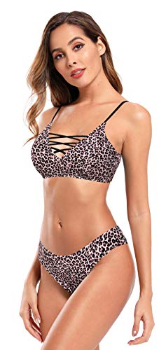SHEKINI Conjunto De Bikini Dividido Sexy para Mujer Traje de Baño Acolchado con Correa Cruzada Recorte Dos Piezas Traje de Baño Traje de Baño con Estampado de Leopardo