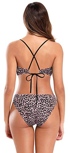 SHEKINI Conjunto De Bikini Dividido Sexy para Mujer Traje de Baño Acolchado con Correa Cruzada Recorte Dos Piezas Traje de Baño Traje de Baño con Estampado de Leopardo